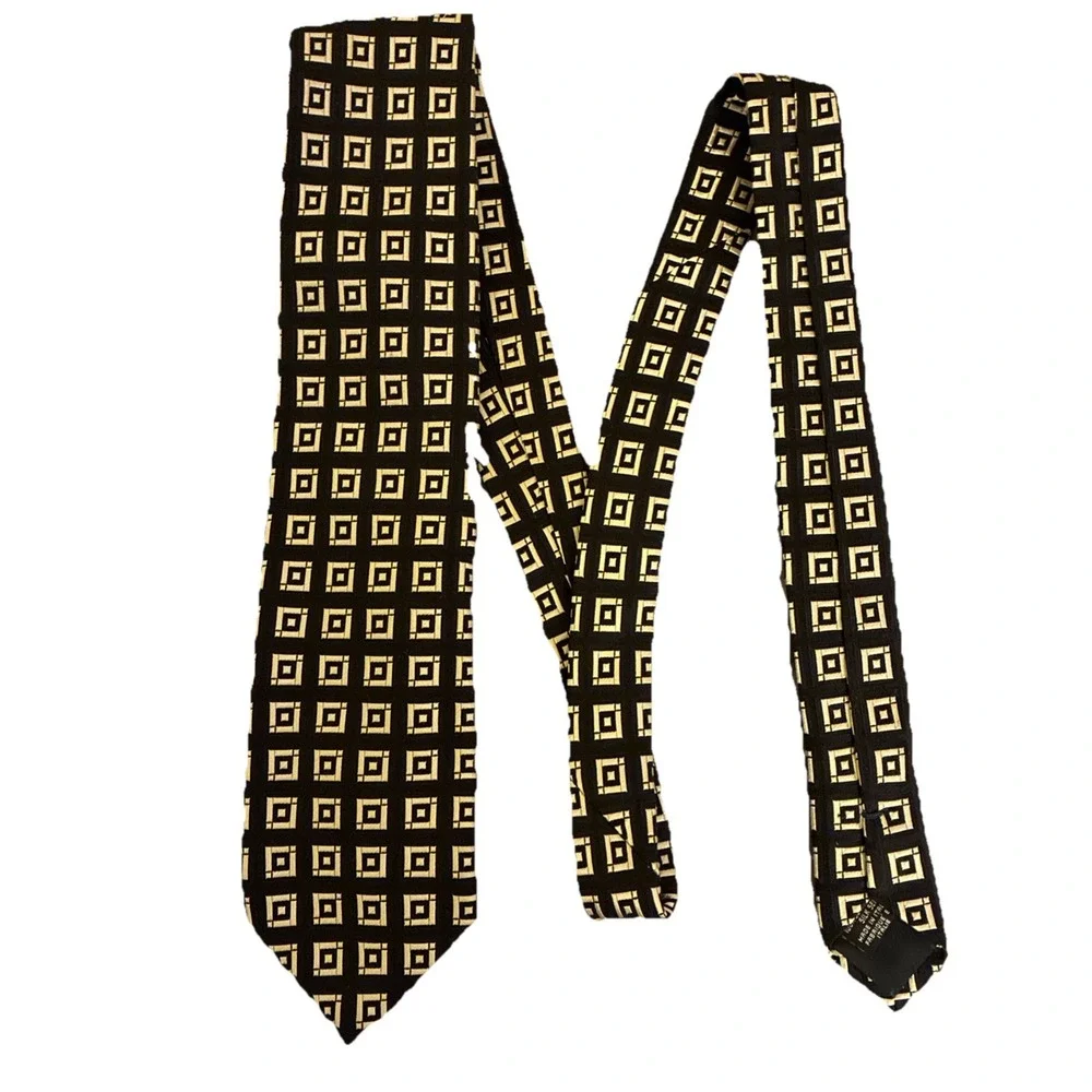 Canali 100% Silk Brown White Black Abstract Sq Men's Dress Tie Made In Italy EUC